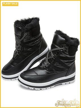 Faux Leather Fur Lined Mid-Calf Waterproof Snow Boots Lace-Up Combat